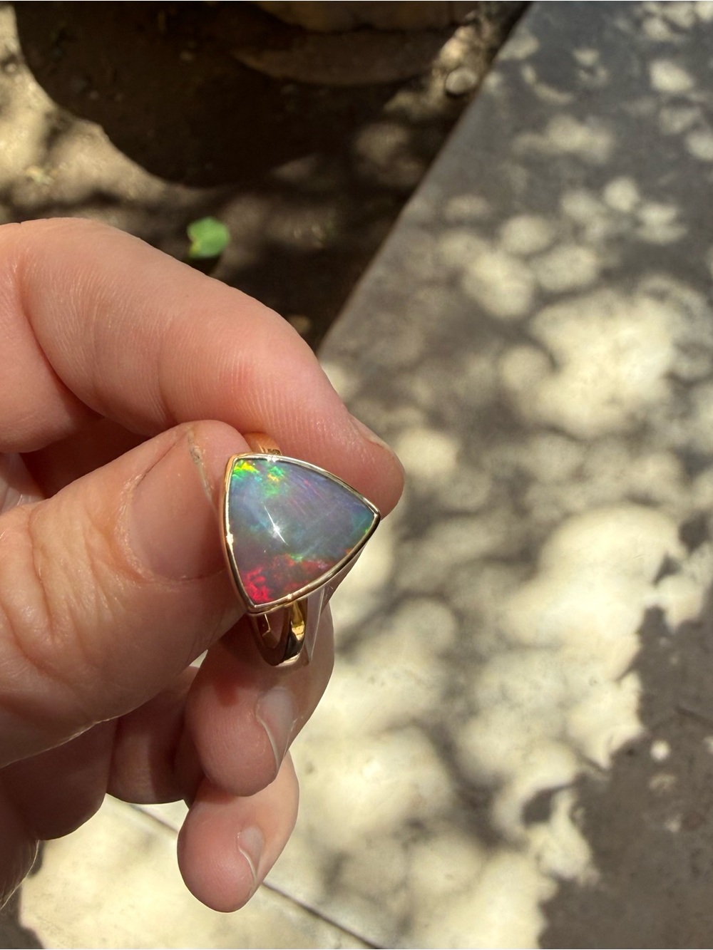 14k Gold Australian Opal Triangle Ring — Multi-Color Opal Accent - Picture 9 of 17